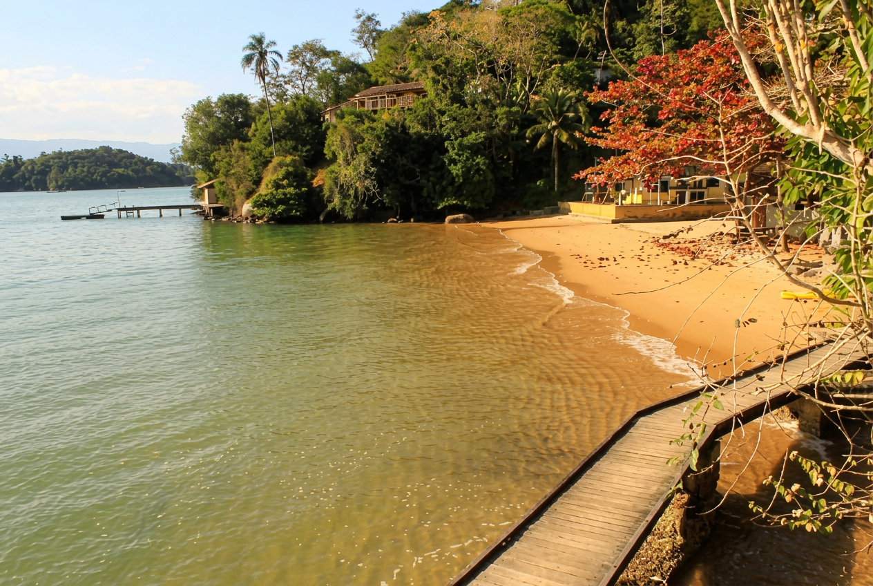 Praia e passarela de madeira à beira do Saco do Mamanguá
